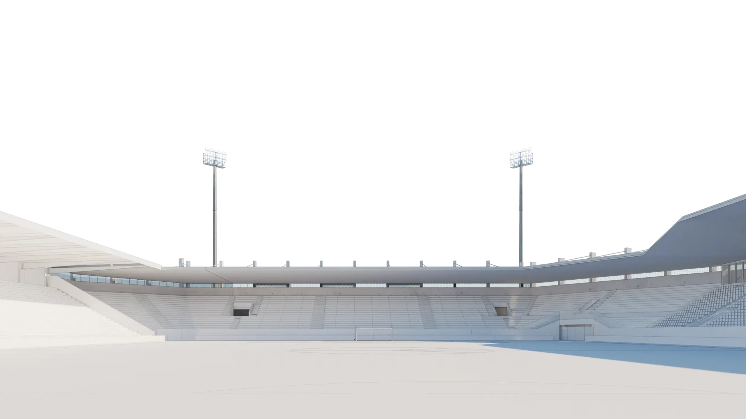 Ansicht der Ostkurve im Stadion mit Flutlichtmasten.