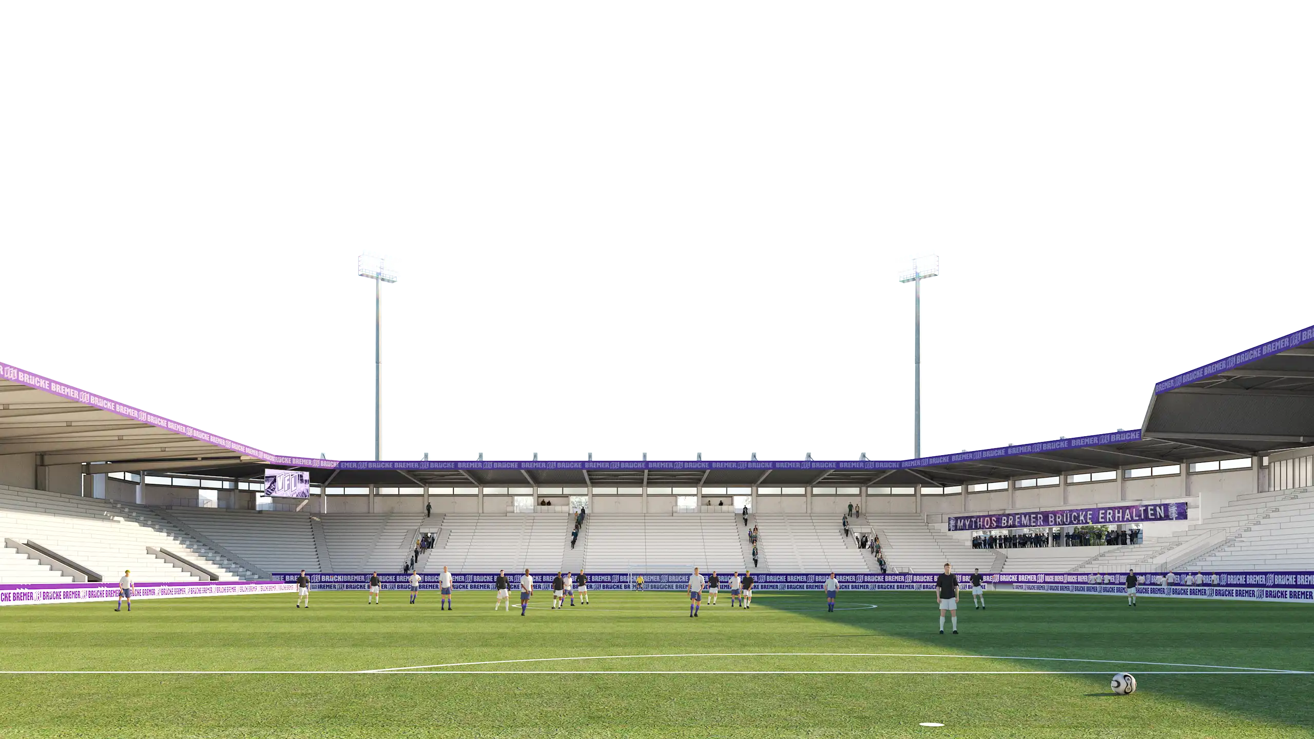 Ansicht der Ostkurve im Stadion mit Flutlichtmasten.